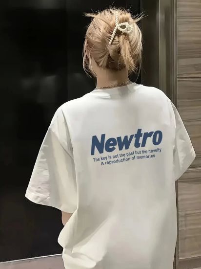 Baskılı Oversize Bisiklet Yaka T-shirt - Beyaz resmi